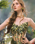 "Eucalyptus Fairy" corset - Detailed view of metal boning and metallic sheen mesh