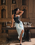 Front view of "Tiffany Banquet" green satin skirt with ruched detailing