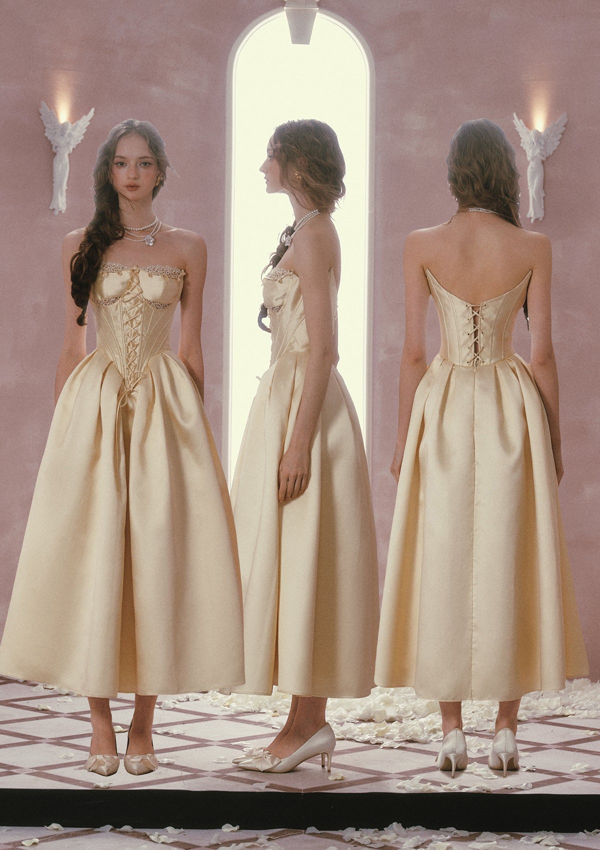 Belle's Gilded Corset Dress - Shimmering champagne gold vintage aesthetic