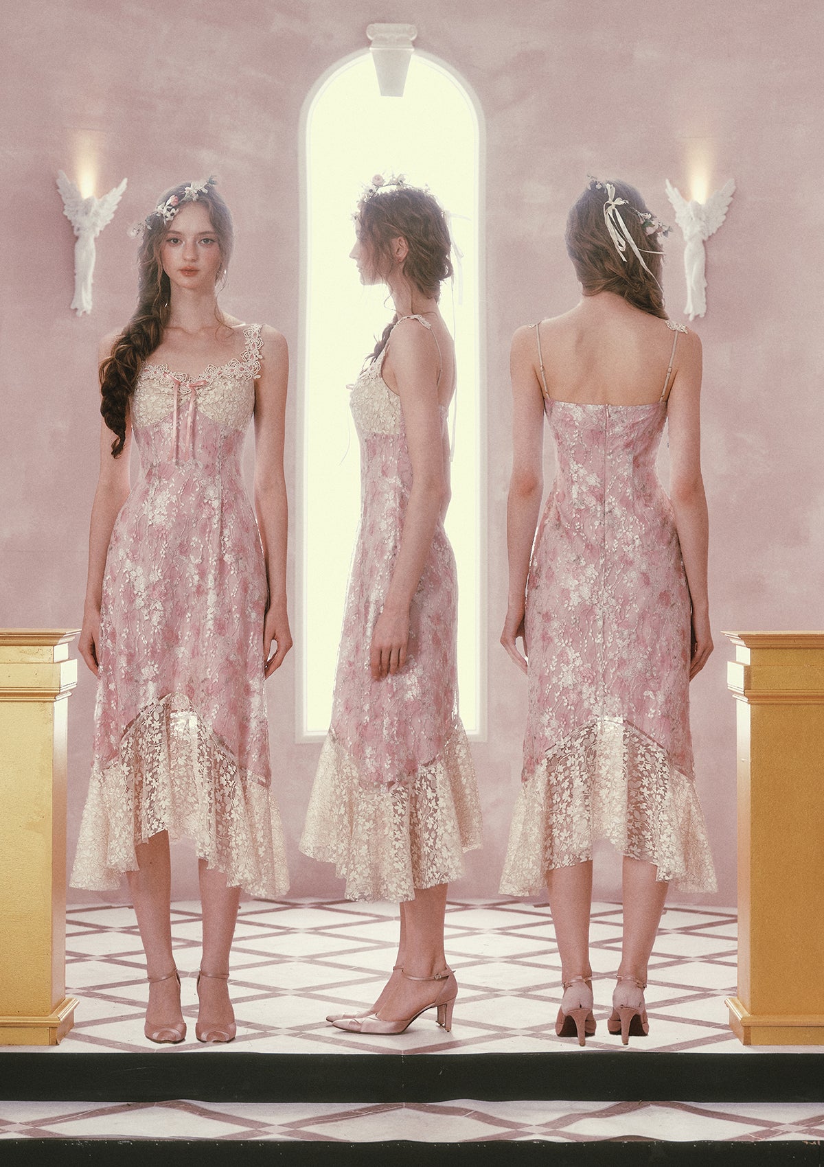 Lacemade "Floral Vine Fairy Shoes" - Front, Side, and Back View with Model Info