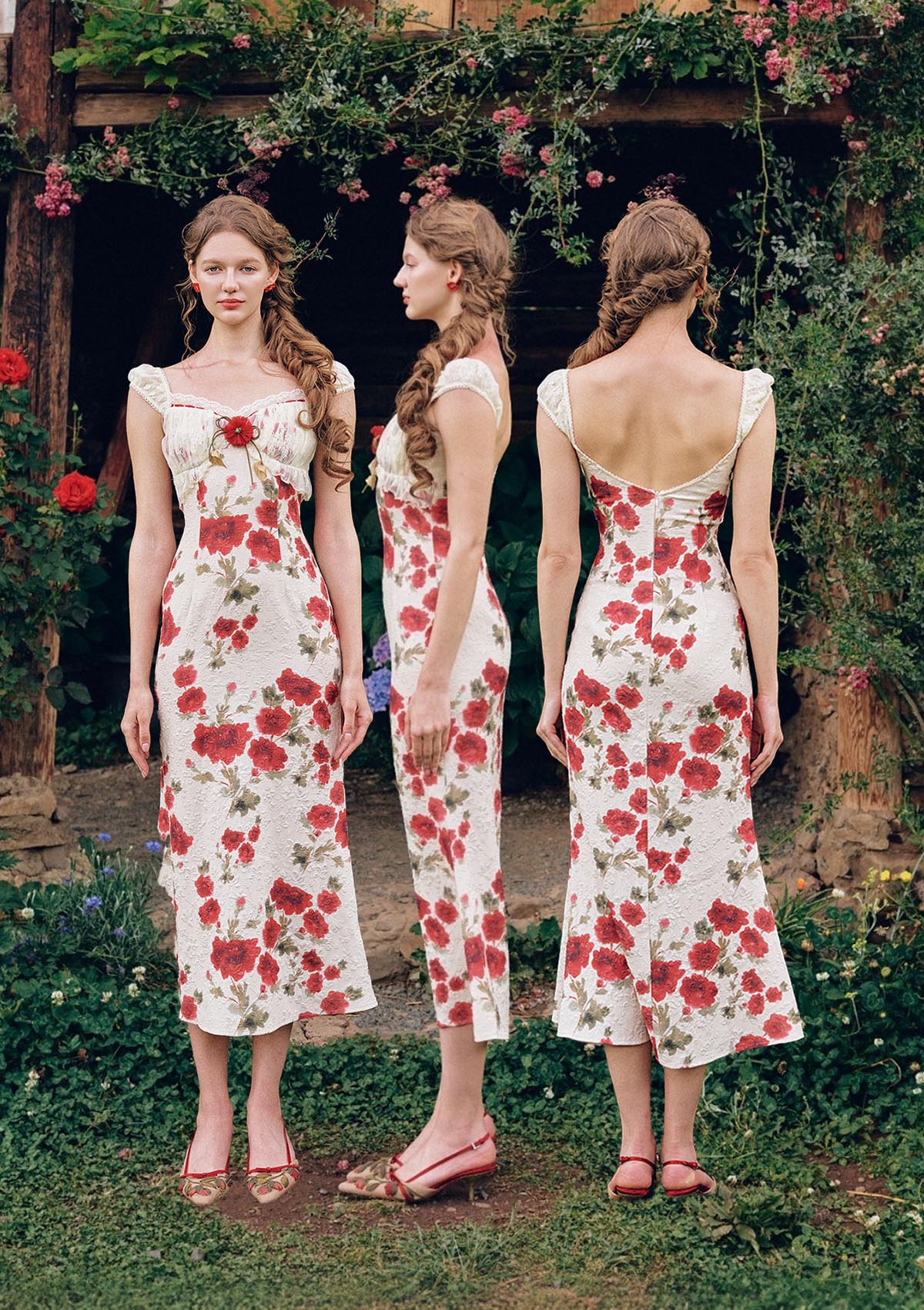 Rosevale Dress A - Front, Side and Back View of floral jacquard dress
