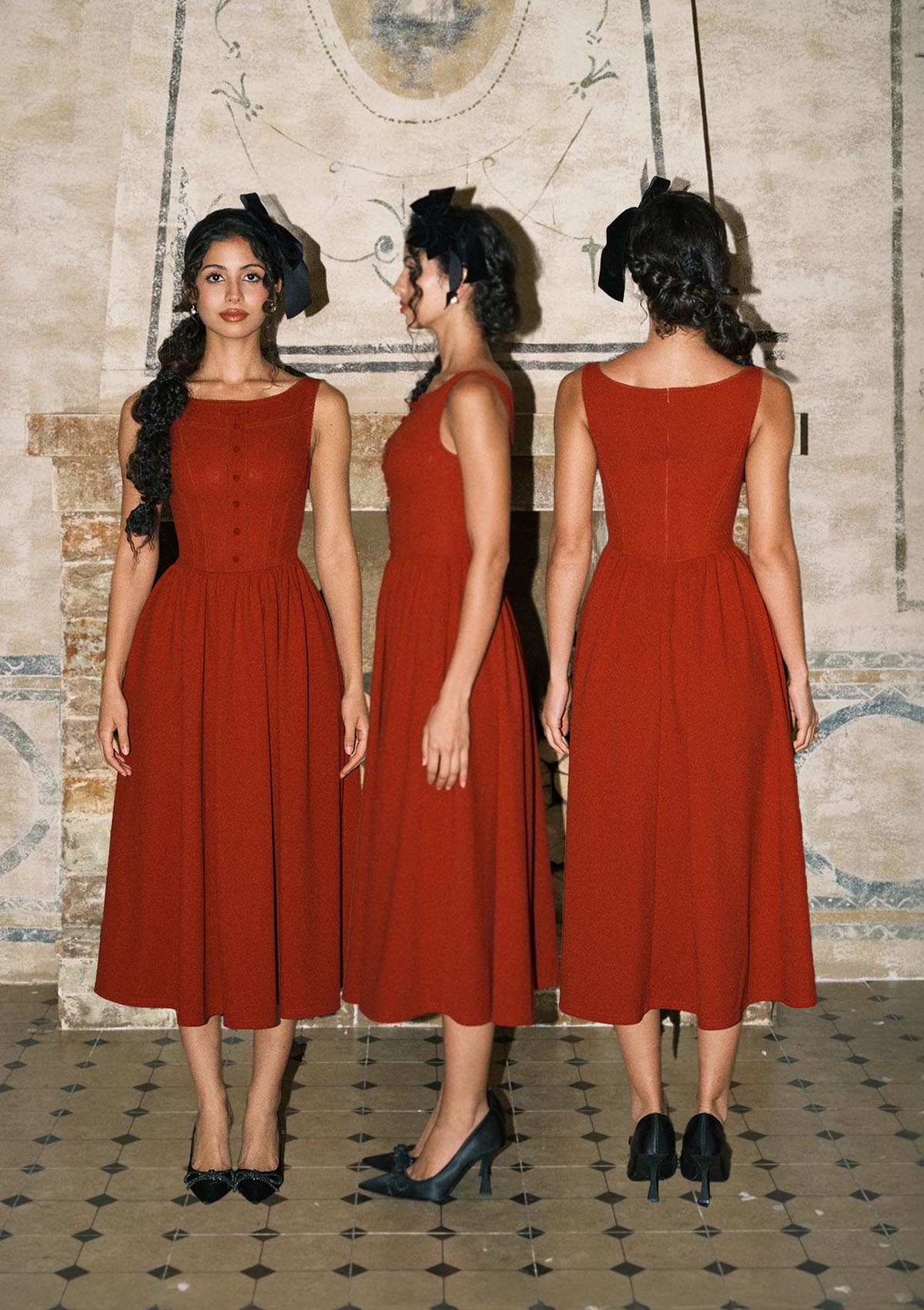 Pan's Cocktail Burgundy Knit Dress - Front, Side and Back View