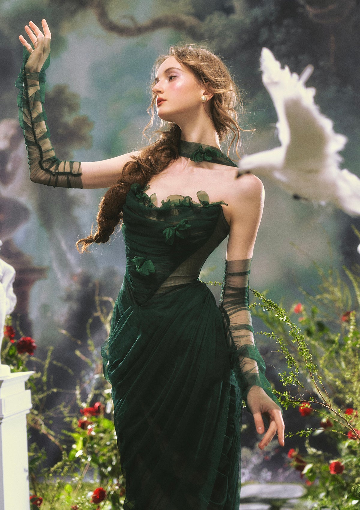 Lacemade deep green sheer mesh dress - Romantic pleated tulle movement