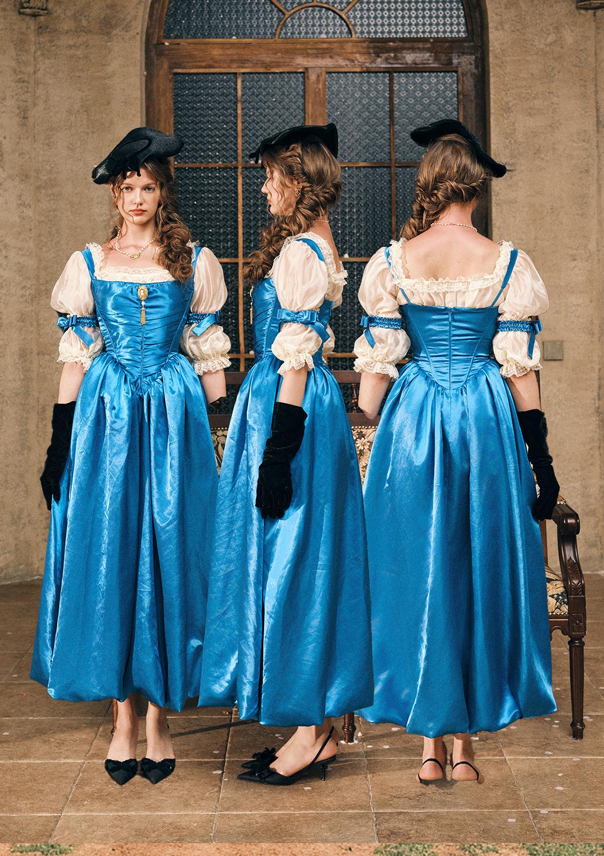 Lacemade Sapphire Corset Gown - Front, Side and Back View