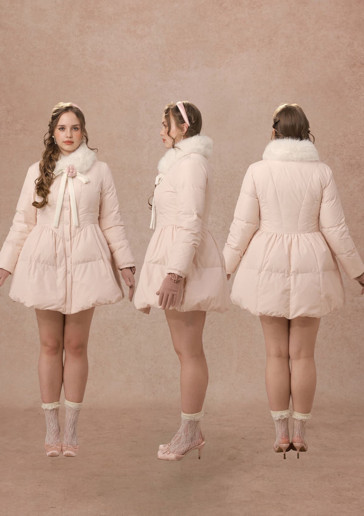Curve&amp;Plus Powder Snow Rose Puffy Down Jacket  (pink)