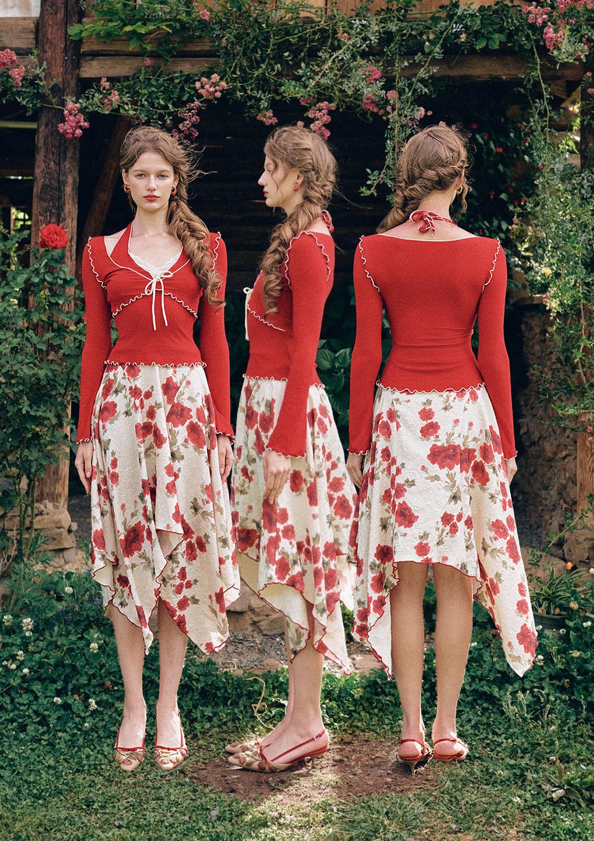 Rosevale Slip Knitted Top (Red) - Front, Side and Back View