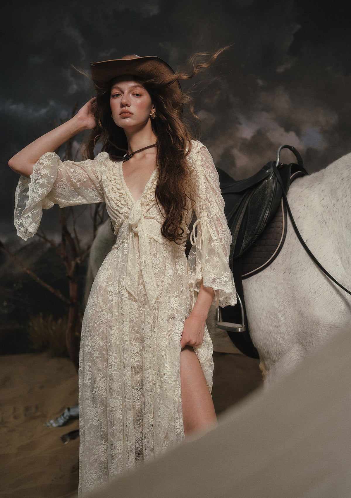 "White Horse Princess" Dress - Close-up of V-neckline and Ruched Bust