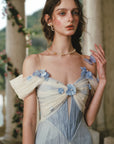 Close-up of Lacemade blue 3D floral tulle corset dress - intricate petal details