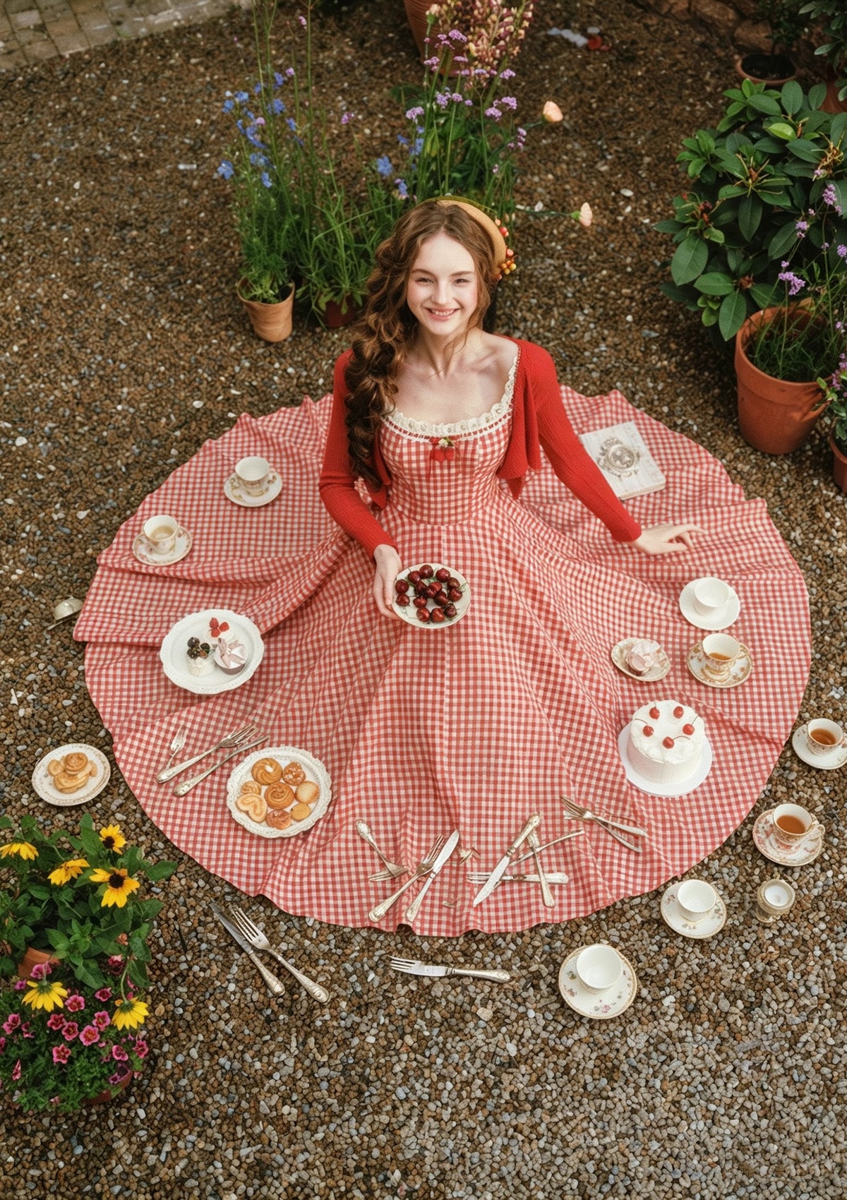 Full circle skirt spread of Lacemade "Afternoon Berry Tea" garden party dress