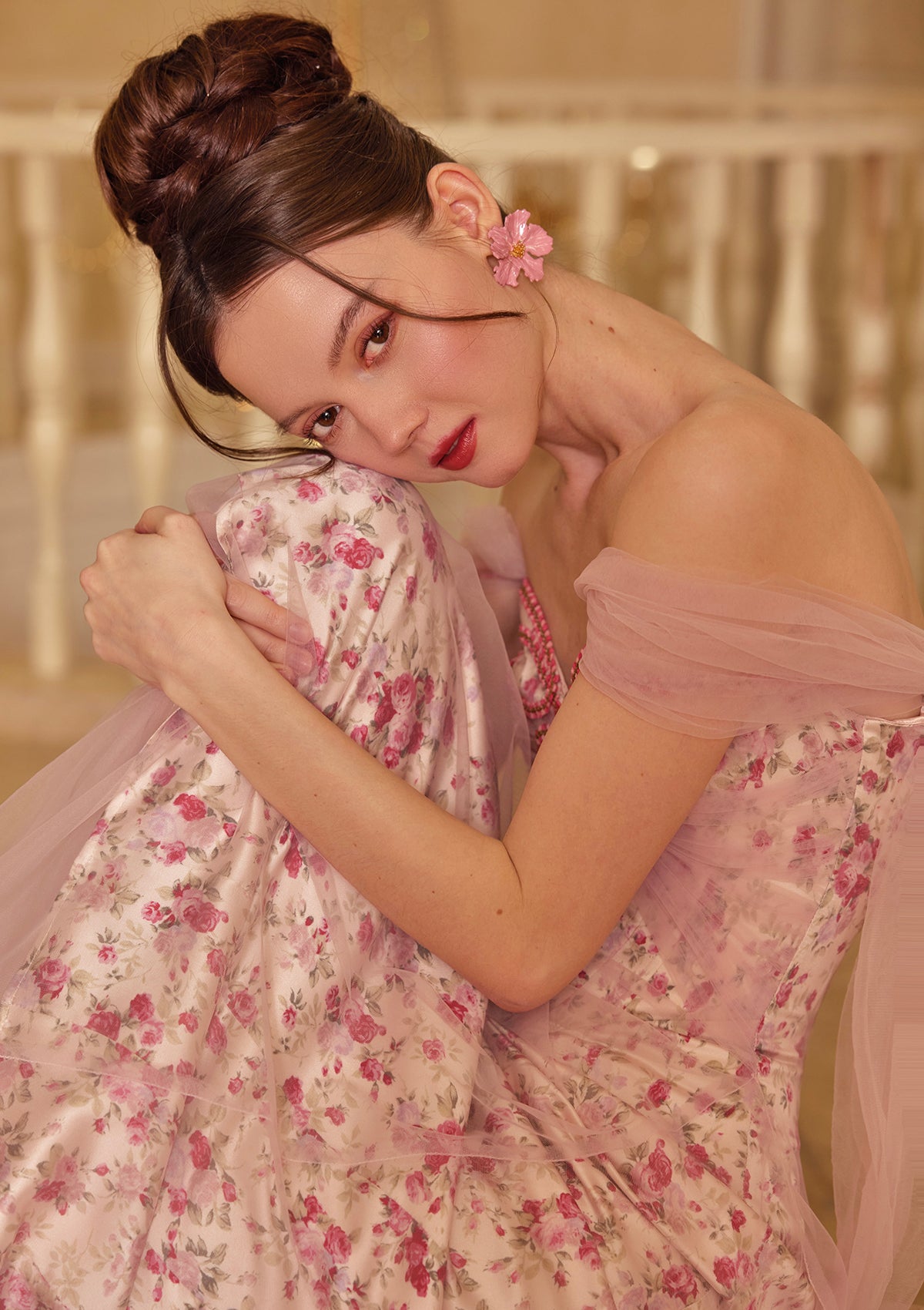 Romantic pink flowy maxi dress for bridal showers - Lacemade 