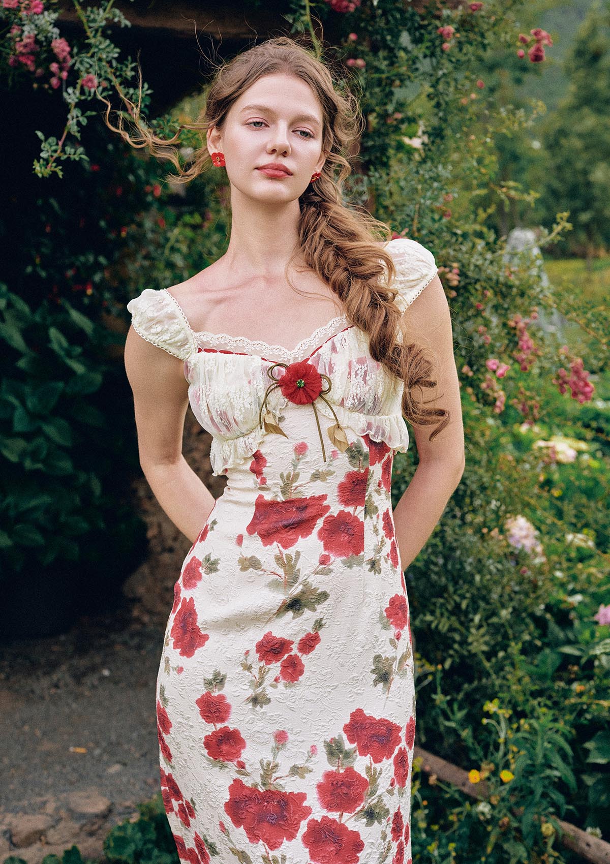 Lace-paneled cup and underbust ruffle detail of Rosevale Dress A
