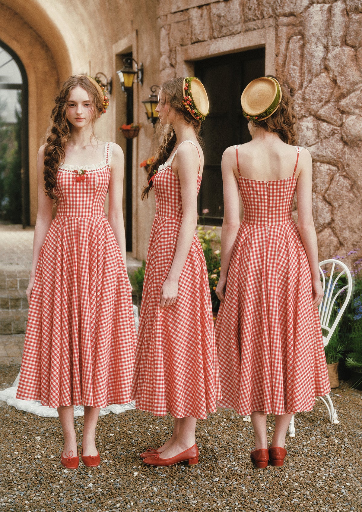 Lacemade women's gingham midi dress - front, side, and back view silhouette