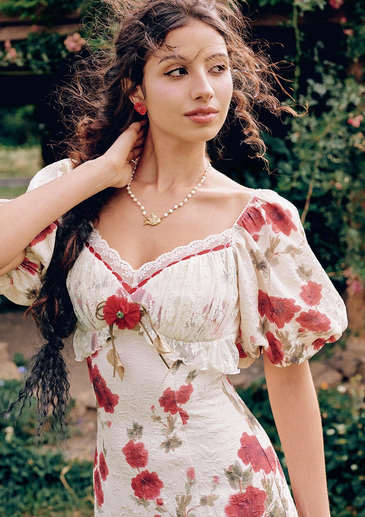 Lace-paneled cup and underbust ruffle detail of Rosevale Dress B