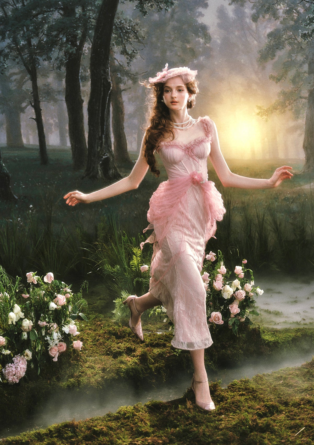 lacemade pink dress French Style Rose Corset Midi Dress in White