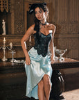 Close-up of gathered satin texture on "Tiffany Banquet" skirt