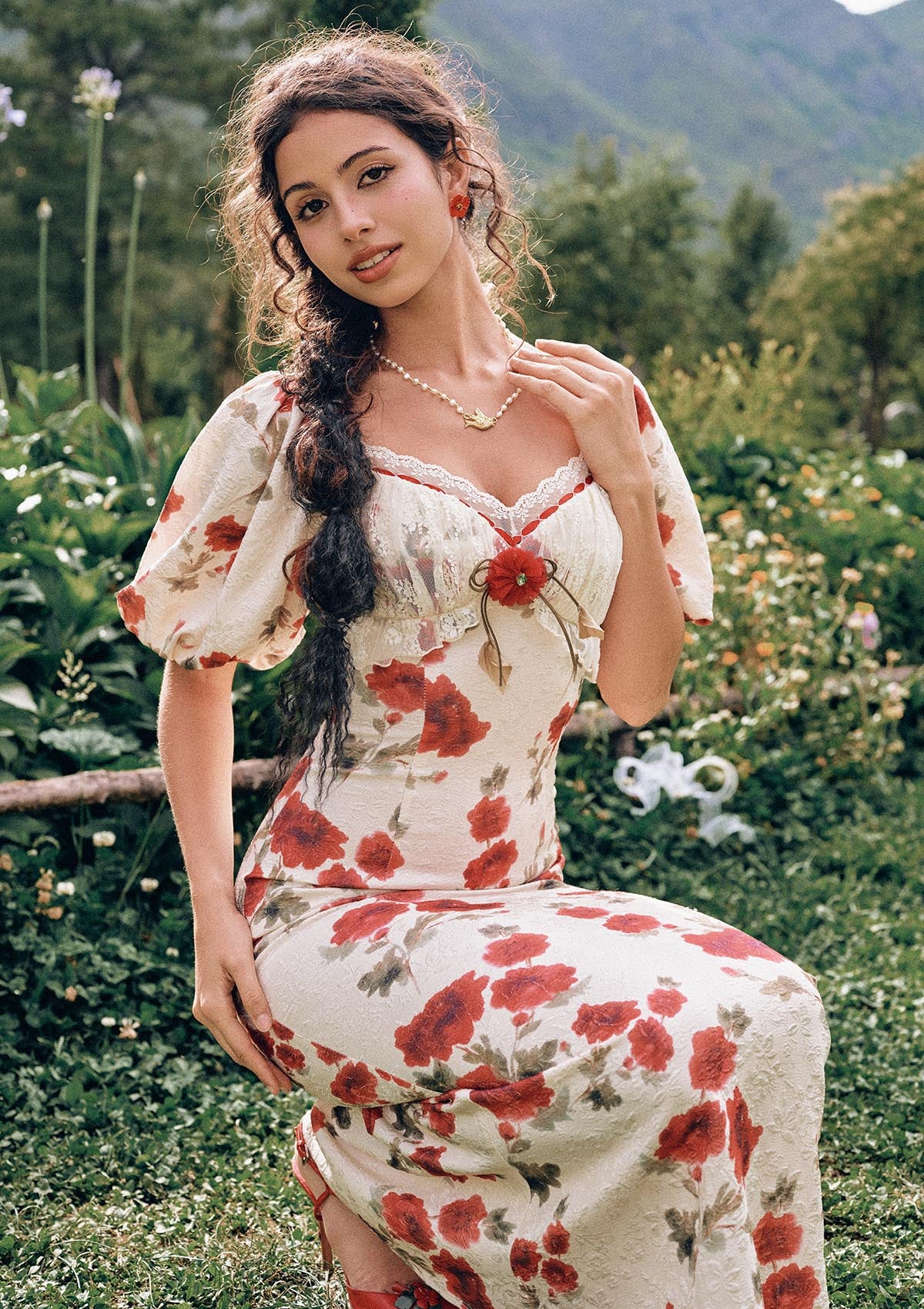 Close-up of exclusive jacquard dress on Rosevale Dress B