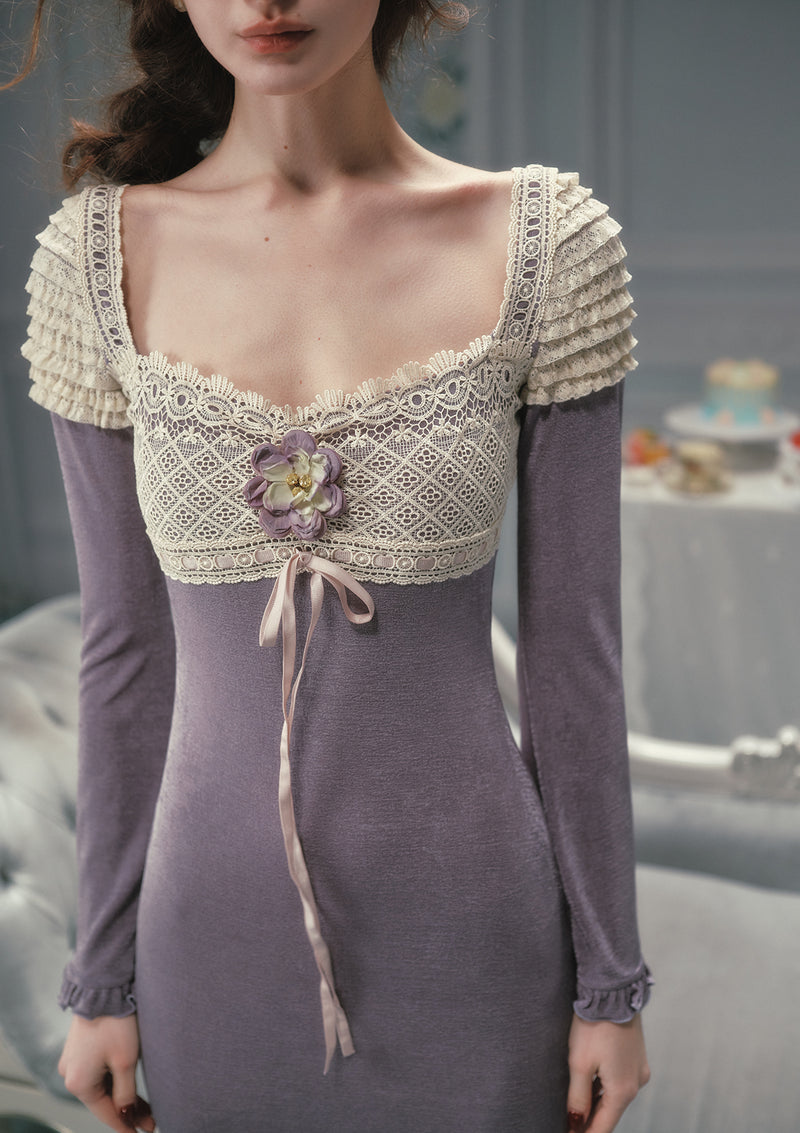 ニット+セーター Gray Knit Dress with Lace Trim Nicole Knit Dress