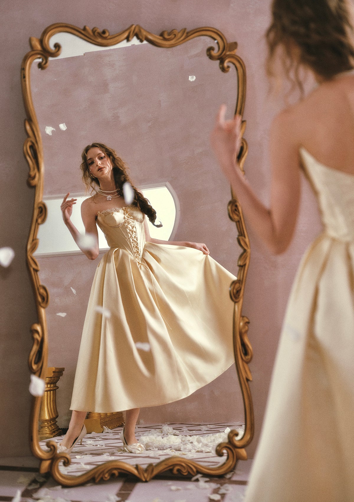 Ankle-length full skirt silhouette on Lacemade Belle's Gilded Corset Dress