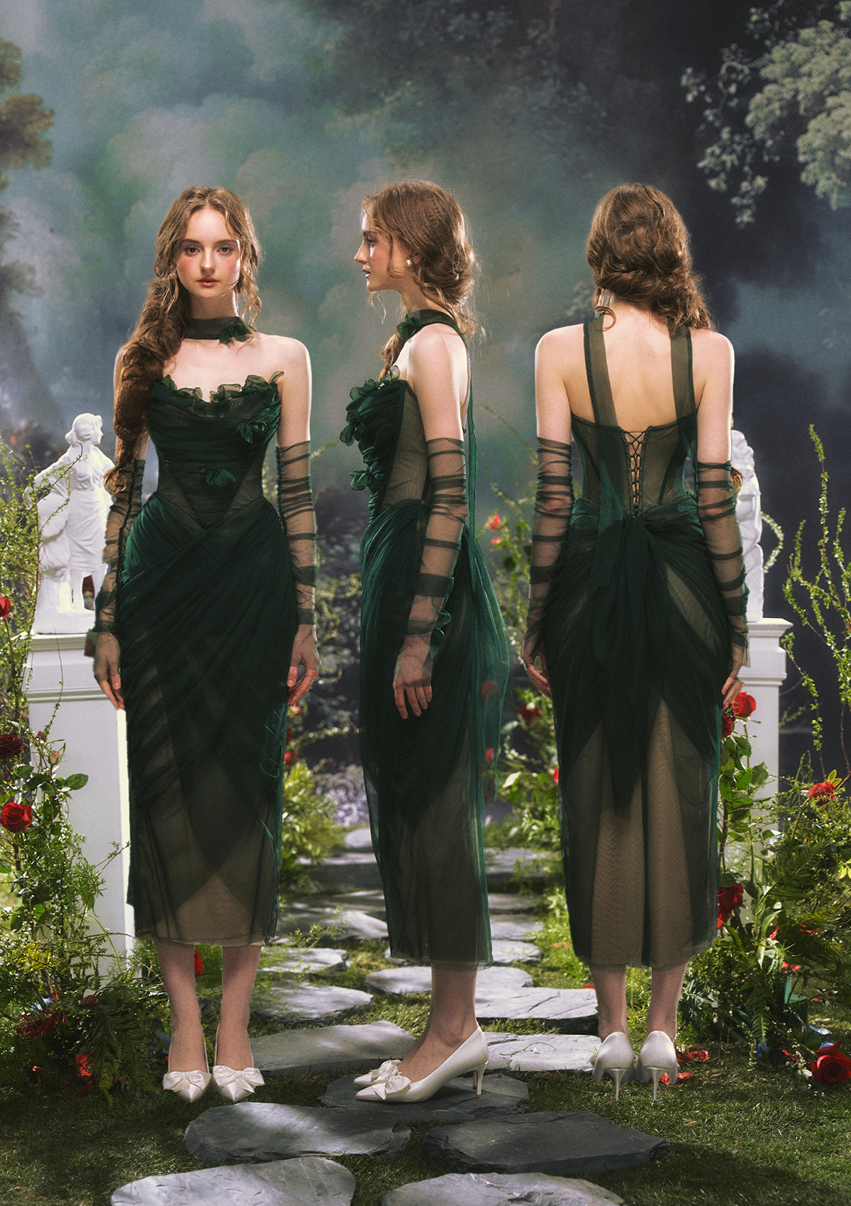 Lacemade whimsical forest green midi dress for garden wedding or prom