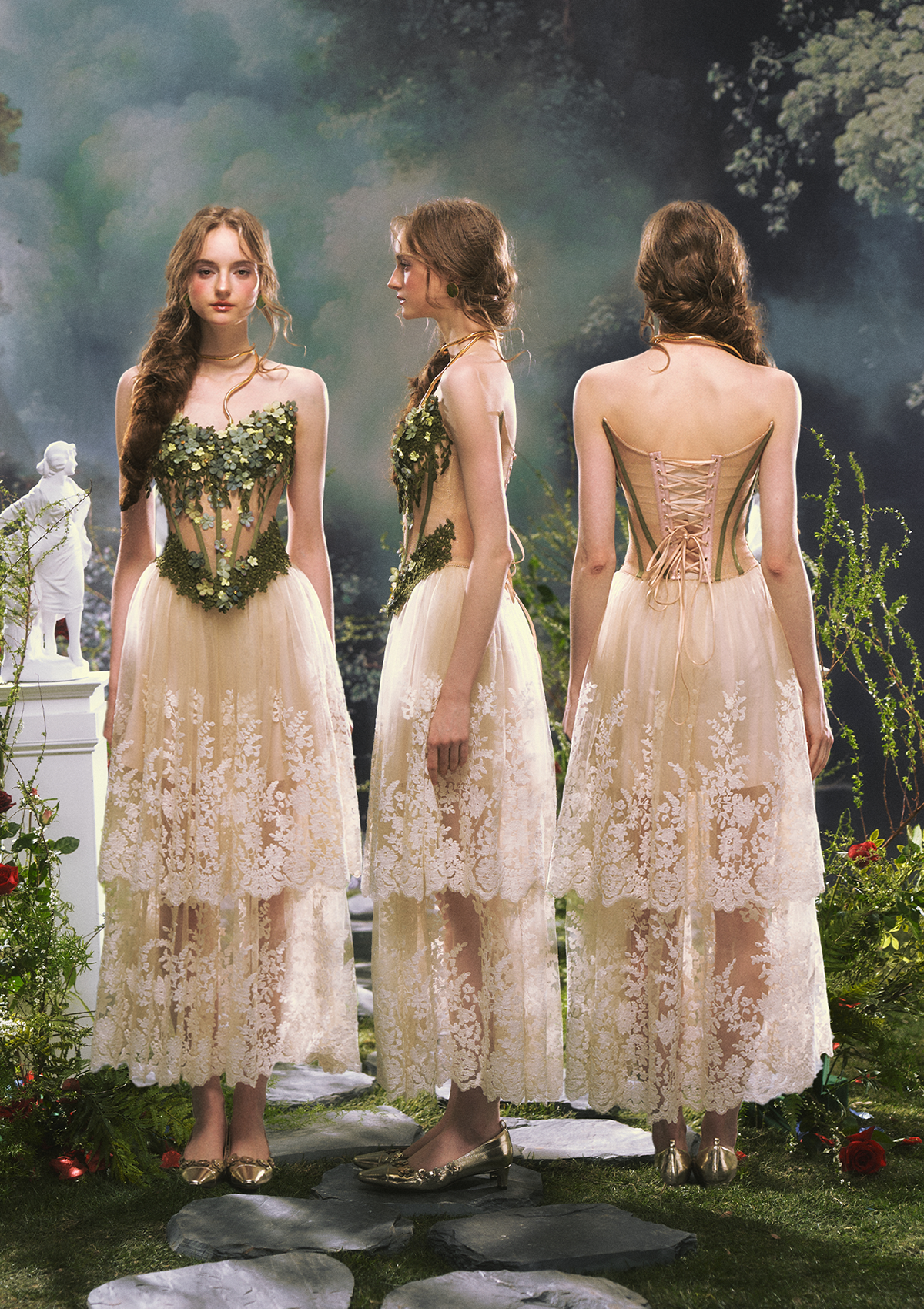 Front, Side and Back View - "Eucalyptus Fairy" Green 3D Floral Corset