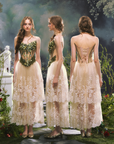 Front, Side and Back View - "Eucalyptus Fairy" Green 3D Floral Corset