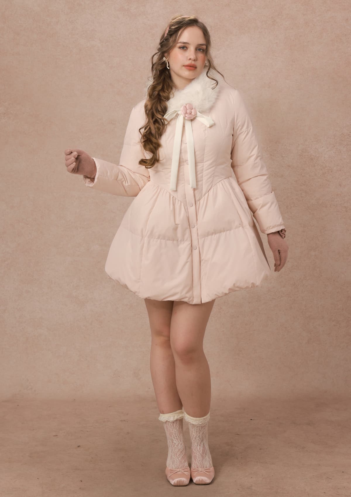 Curve&amp;Plus Powder Snow Rose Puffy Down Jacket  (pink)