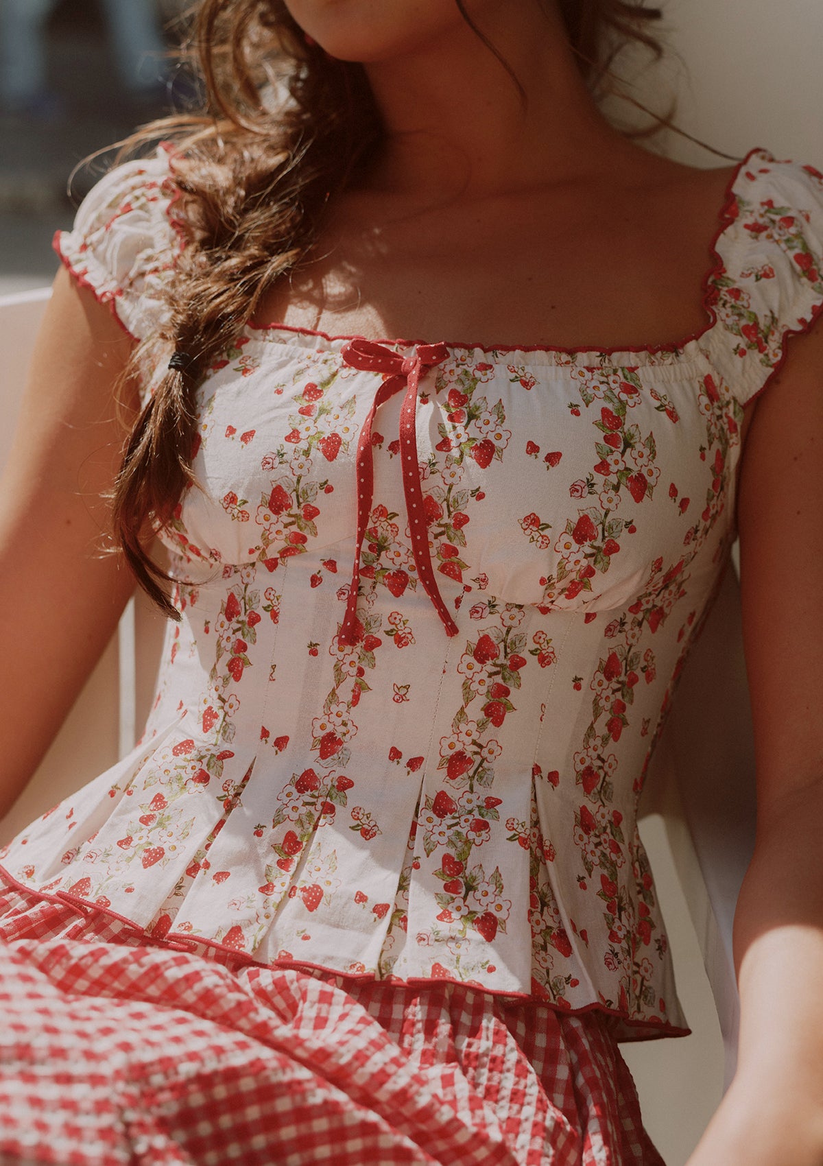 Wildberry Picnic romantic women's blouse with strawberry print