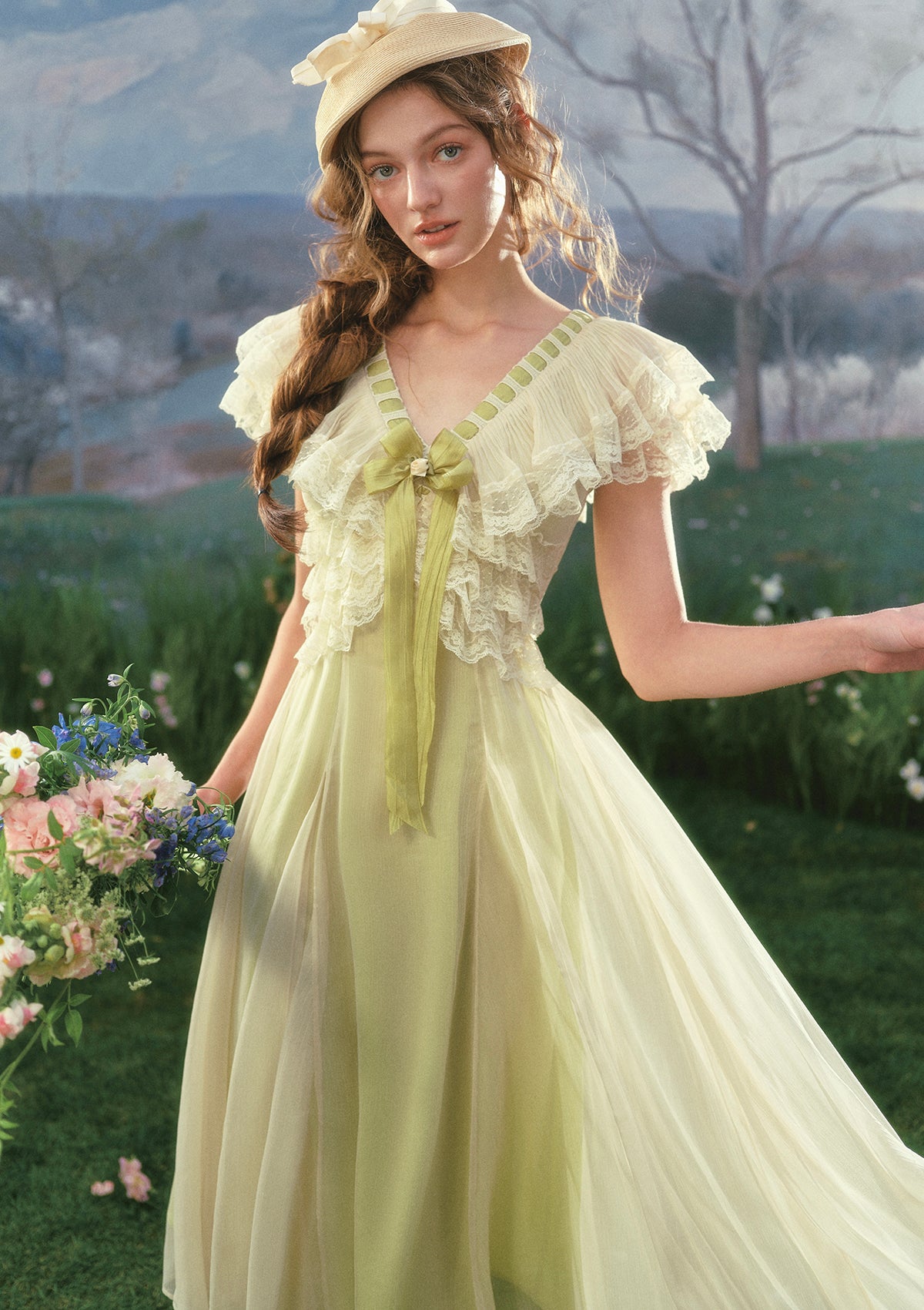 lace spring dress Outing In Stock / M Mango green ruffle dress REPLEN-AUG-26 Long sleeve lace maxi Size:Petite S