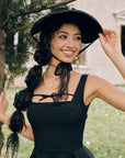 "Beyond Campus" black mini dress - square neckline and slender ribbon bow detail