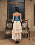 Back view of "Sapphire" blue satin corset featuring adjustable lace-up