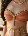 Close-up of Lacemade "Sahara Rose" gold mesh dress - sweetheart neck corset