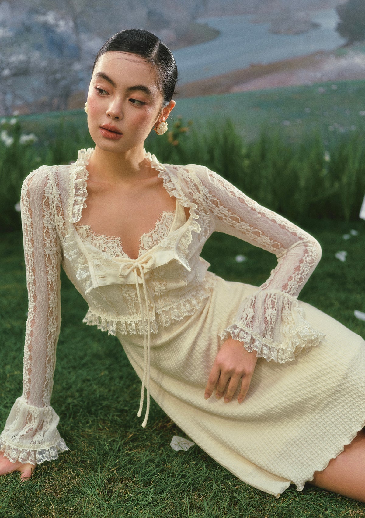 "Little Angel" Coquette style white lace cardigan with floral button details