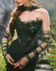 Close-up of hand-sewn flowers and pleated layers on Lacemade "Forest Muse"