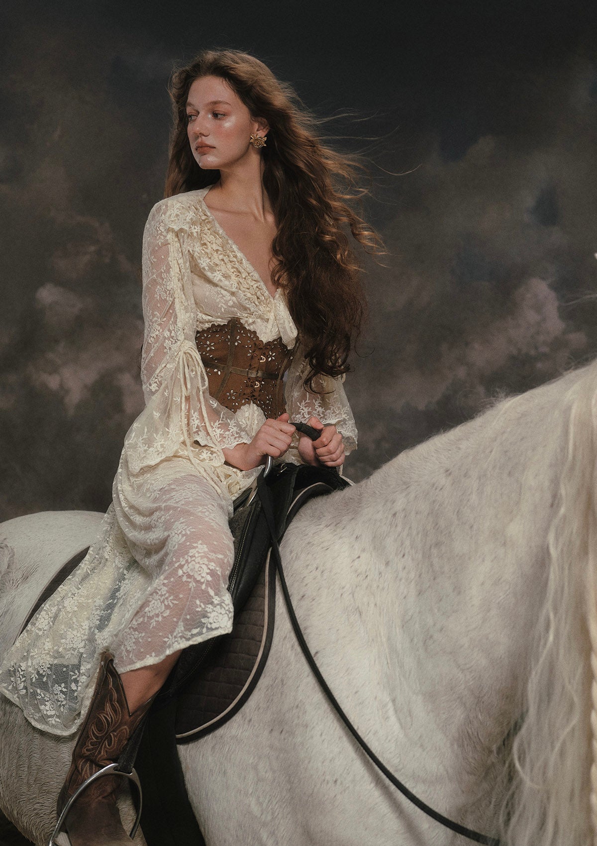 "White Horse Princess" Dress - Delicate Floral Lace Fabric with Front Bow Accent