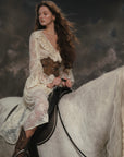 "White Horse Princess" Dress - Delicate Floral Lace Fabric with Front Bow Accent