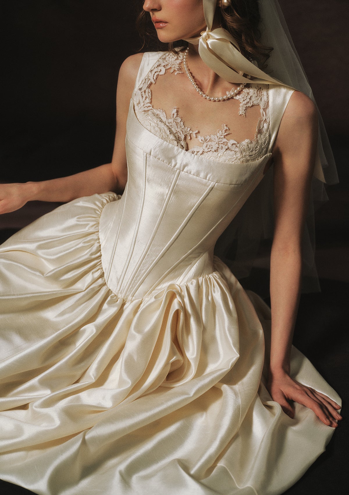 Lacemade "White Coronation" Dress - Close-up of Lace Trim Neckline