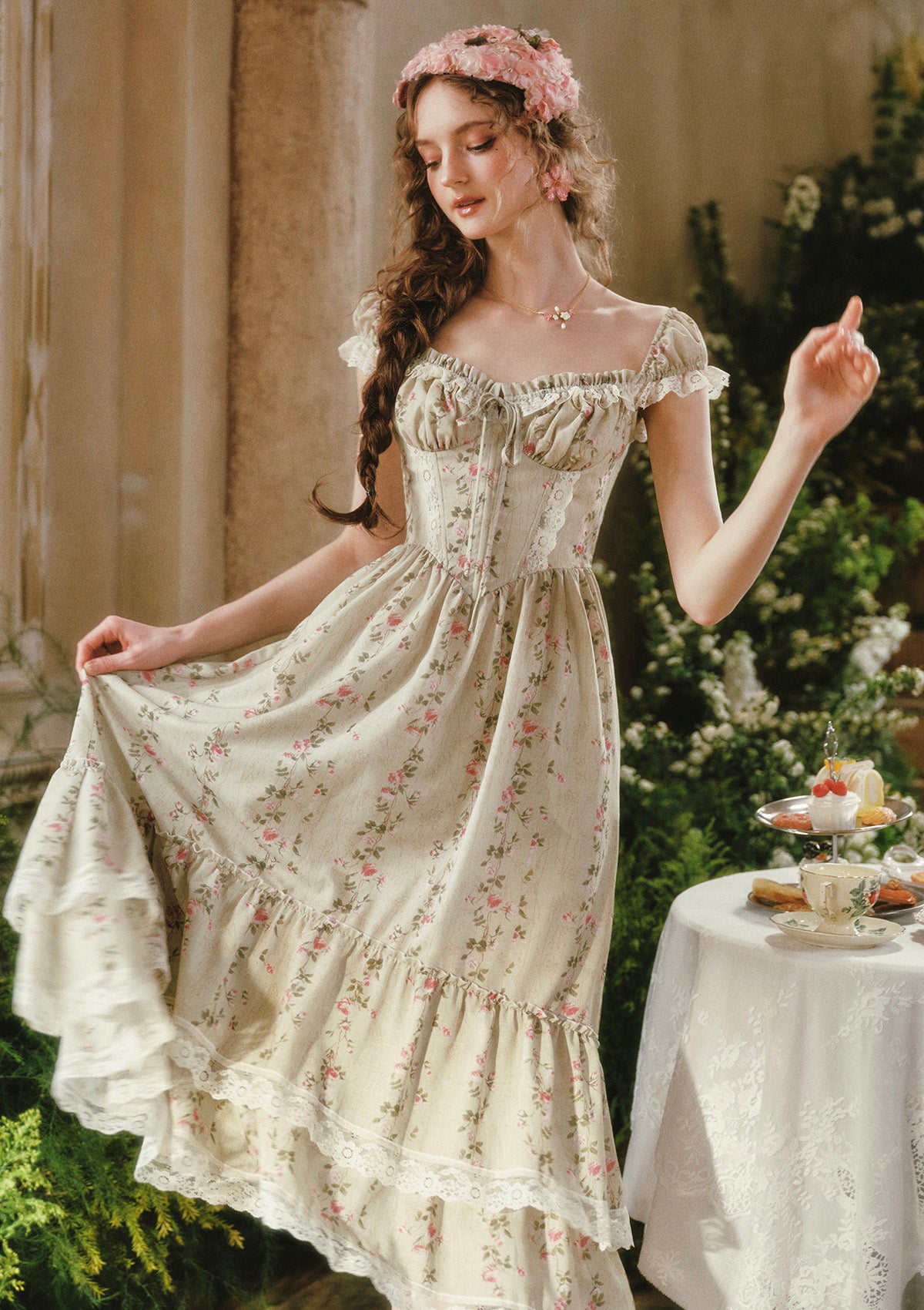 white floral corset dress Meadow Vine (Long) Pre order / L Navy Blue Dress Loafers __label2:In Stock inspired bodice Color:973- Orange / Yellow