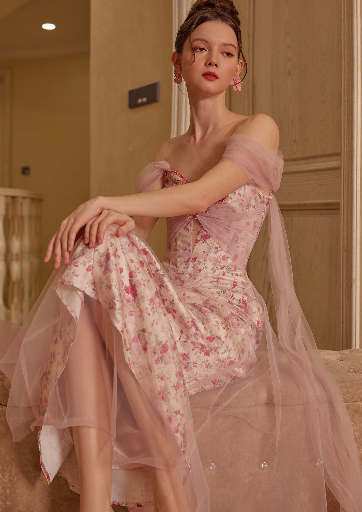 Floral Disc Pink Tulle Dress - Elegant tea length floral aesthetic