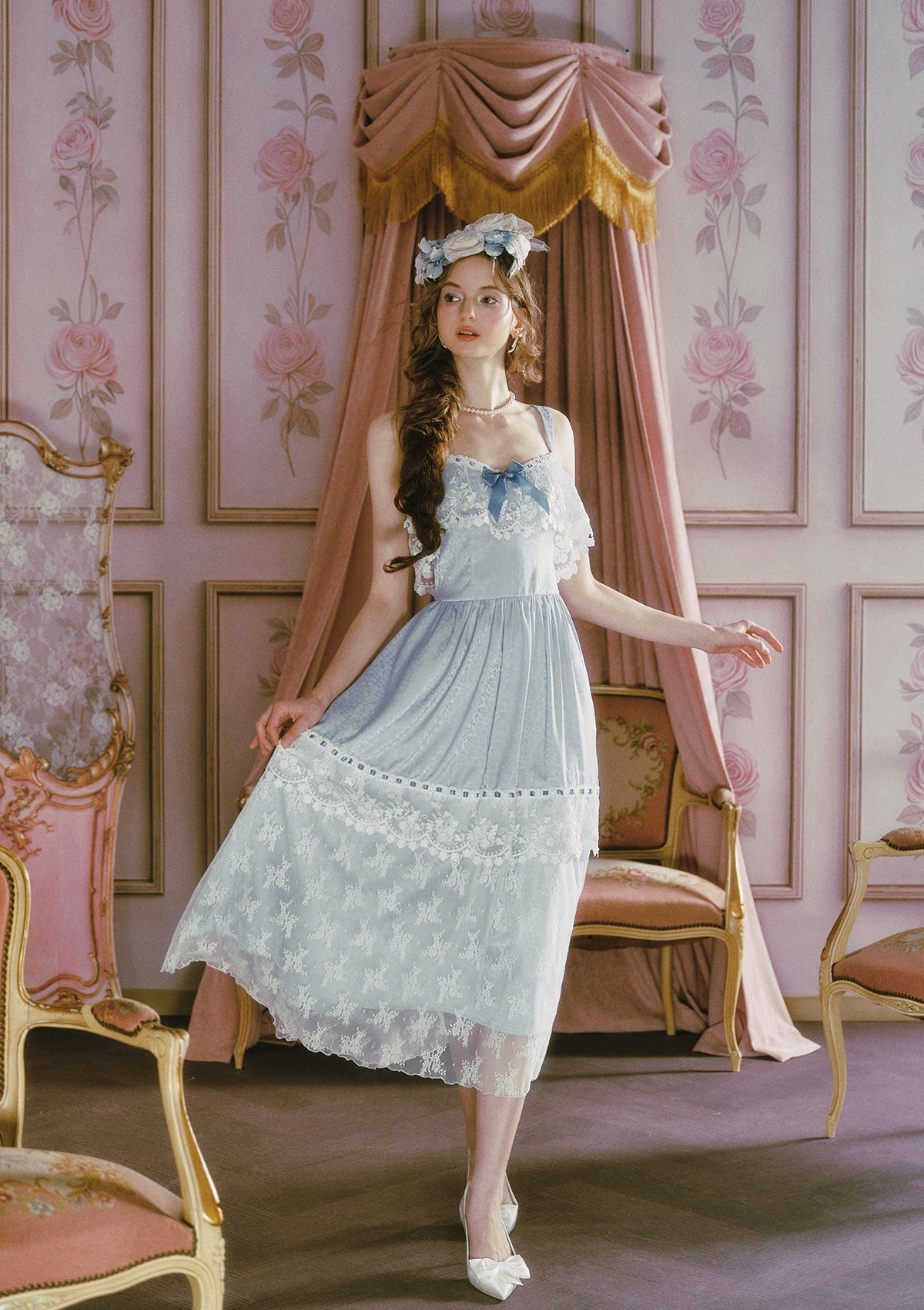 jade dress Ice Flower In-stock / M Floral Chiffon Maxi Dress Sweep Train Neckline 07/04/25 Color:Pale Yellow