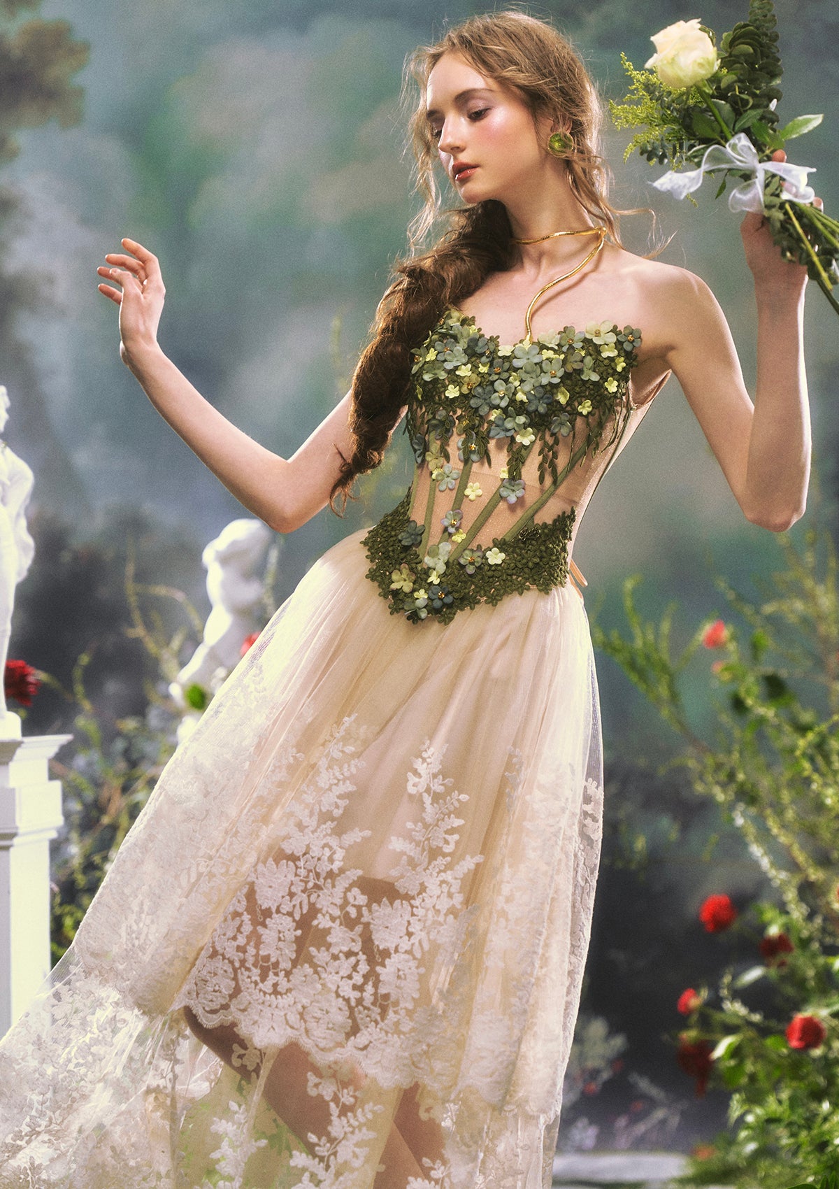 Lacemade "Eucalyptus Fairy" - Whimsical nature-inspired green floral corset