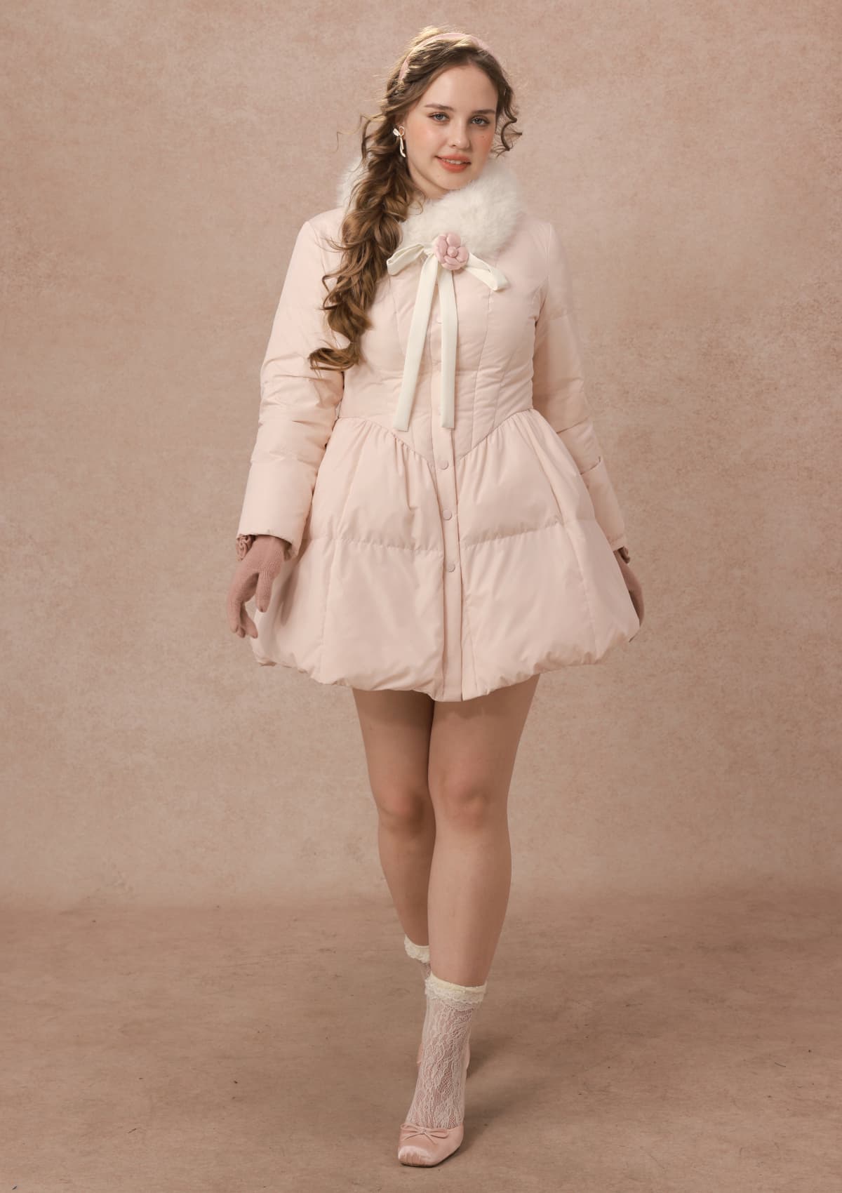Curve&amp;Plus Powder Snow Rose Puffy Down Jacket  (pink)