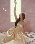 Lacemade champagne gold strapless corset dress for proms and cocktails
