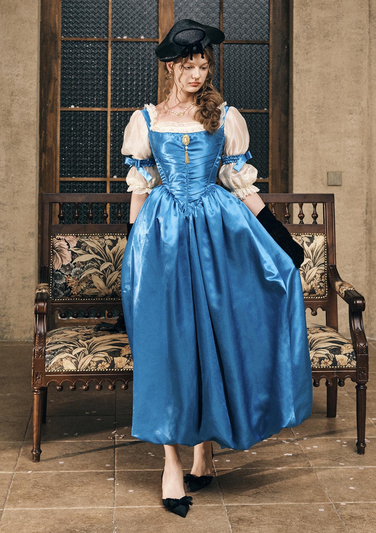 Model wearing "Sapphire Chiffon" white puff sleeve blouse - Lacemade