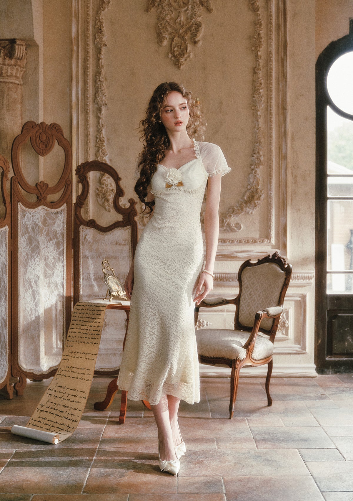 dress with lace at the bottom Cream Letter In Stock / XL Size:3.75