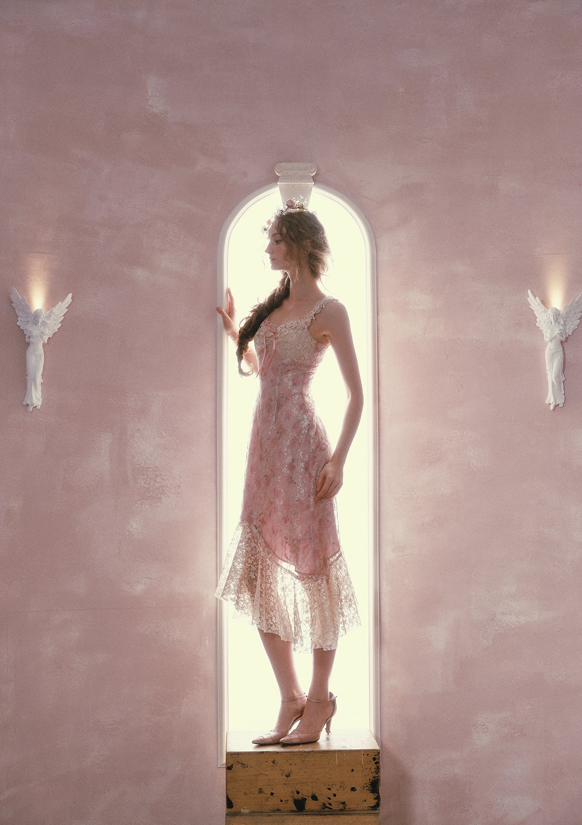 "Floral Vine Fairy Shoes" blush pink lace mermaid midi dress with ruffle hem
