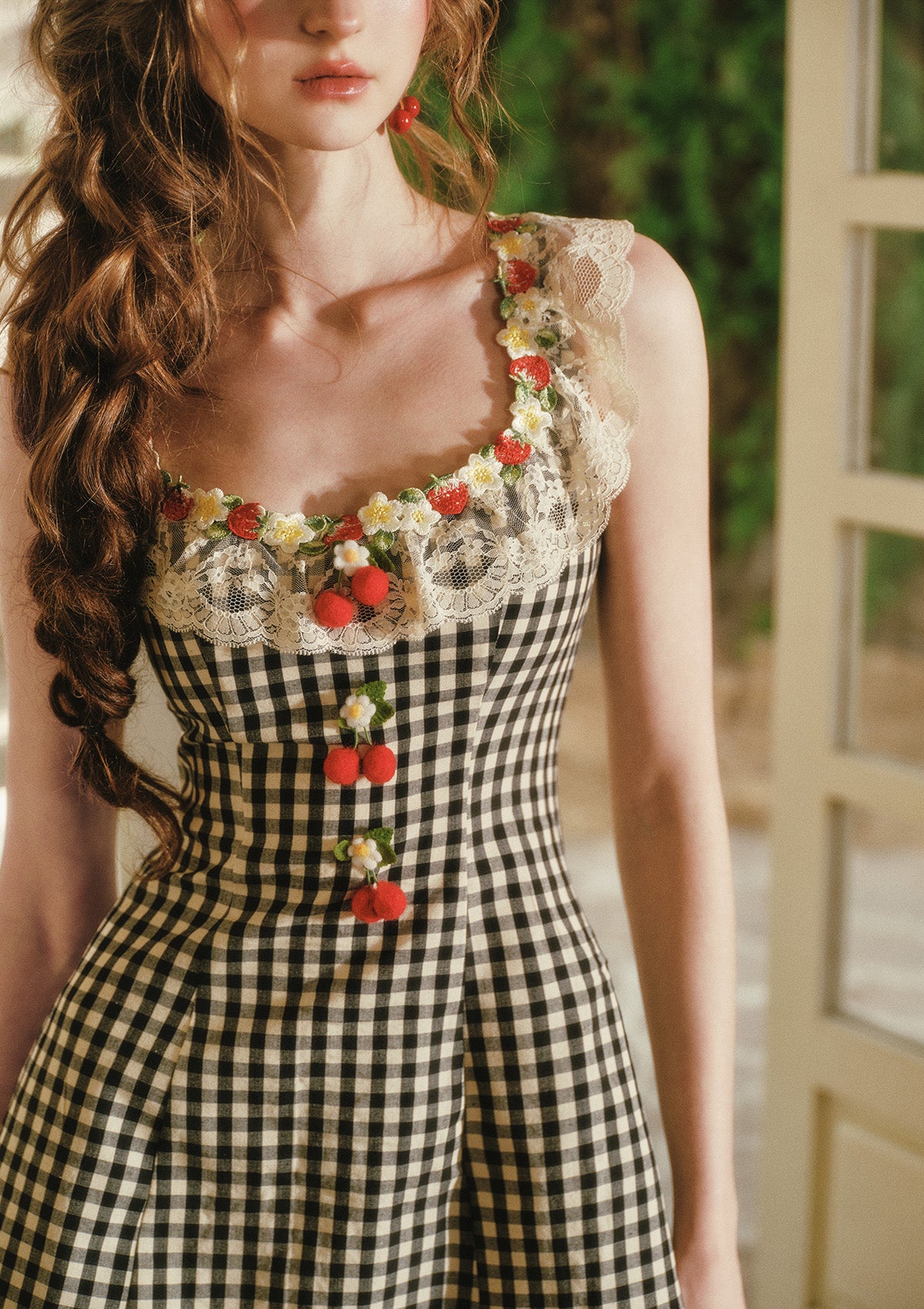 Lacemade back zipper gingham dress detail - strawberry charm lace neckline
