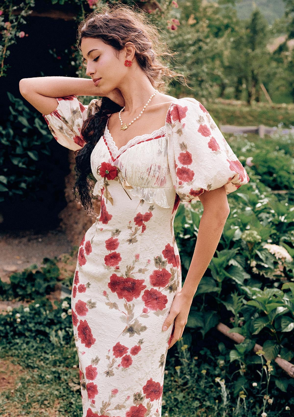 Detailed view of textured floral jacquard fabric - Rosevale Dress B