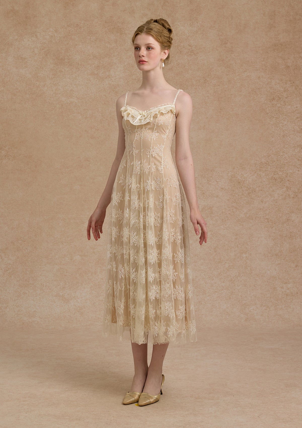 Lacemade sheer layered floral lace dress for birthday - flowing midi skirt