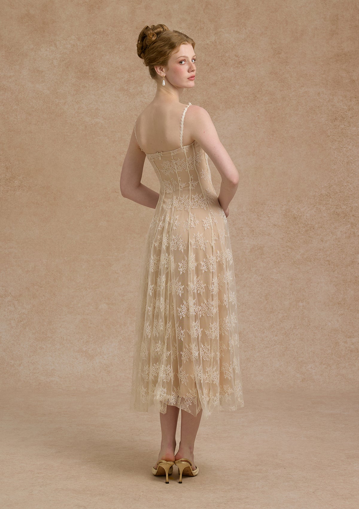 Back view of Lacemade "Lace Bouquet" dress - coquette beige midi dress