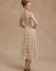Back view of Lacemade "Lace Bouquet" dress - coquette beige midi dress